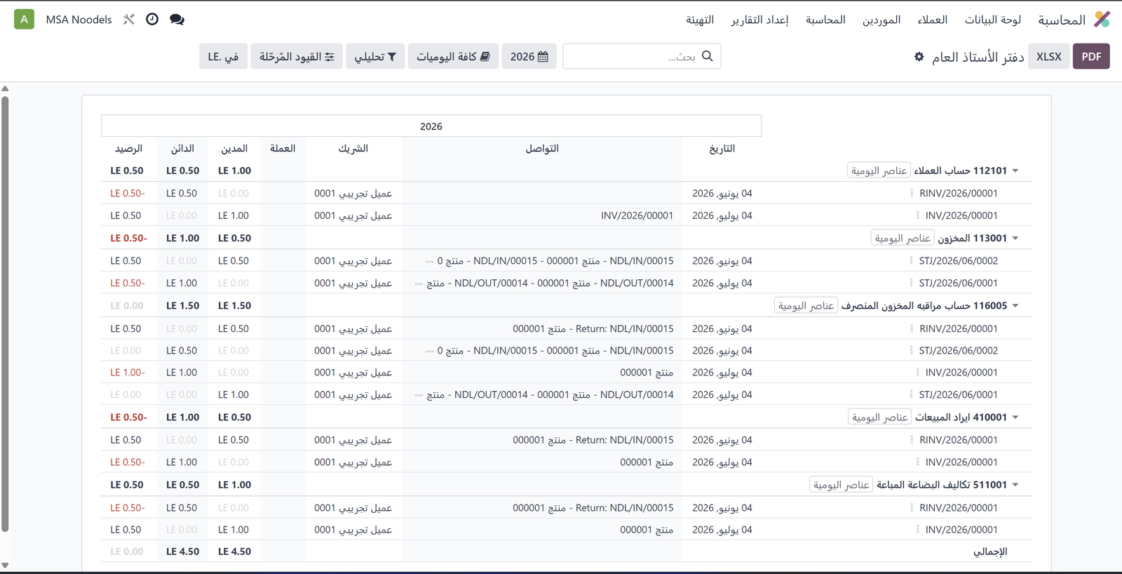 دفتر الأستاذ العام — قيود دورة المبيعات
